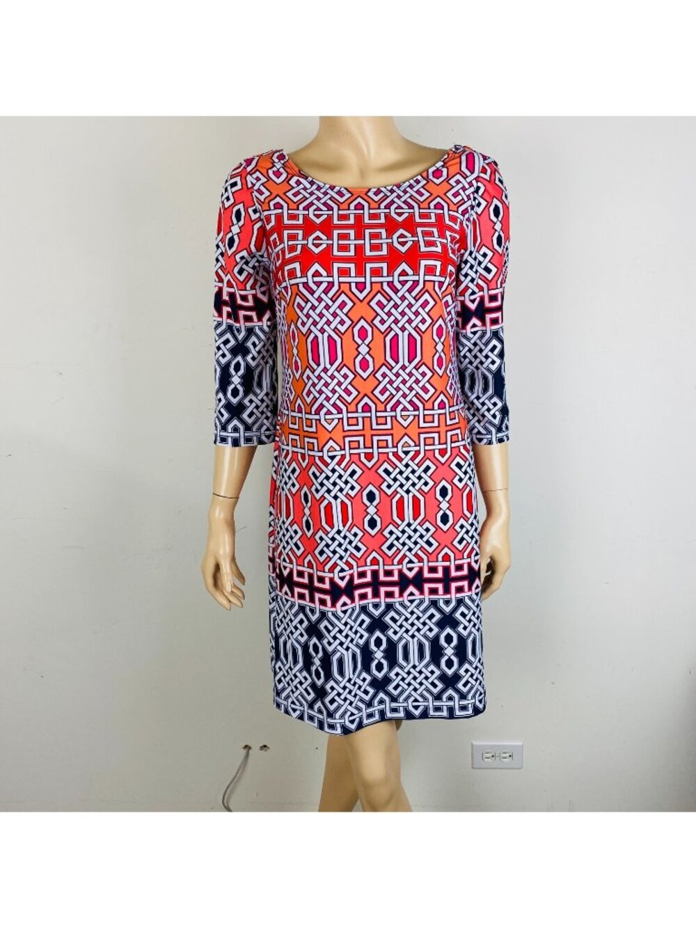 AB Studio Colorful Abstract Bohemian Above Knee 3/4 Sleeve Women's Shift Dress S